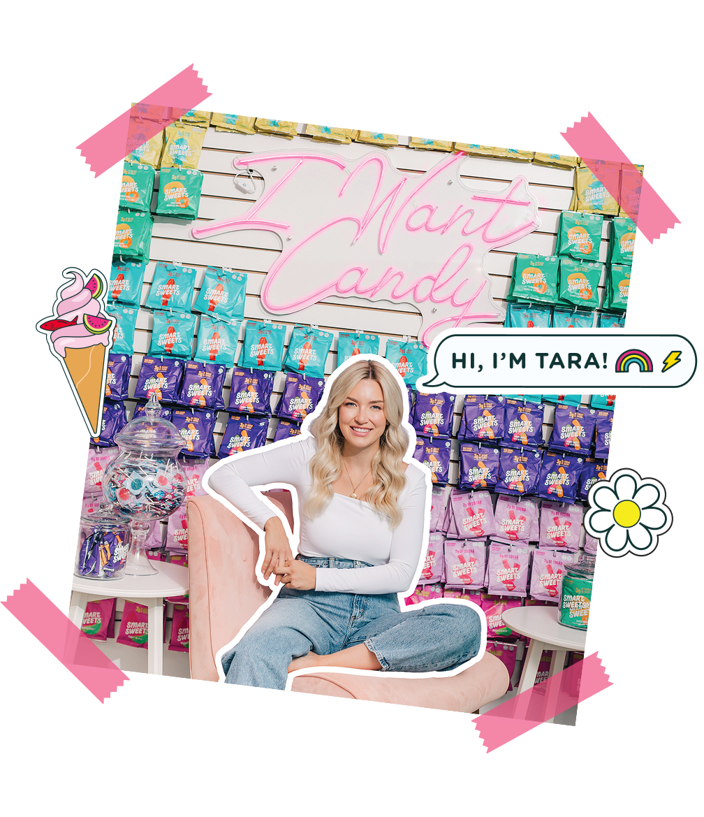 Founder Tara Bosch in-store next to a SmartSweets shelf display